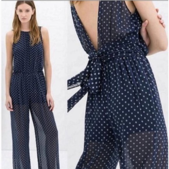 Zara Navy Chiffon Polka Dot Navy Jumpsuit